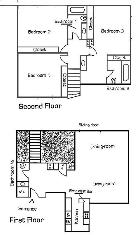 Floor plan for 3 beds, 2 baths, 1376 sqft